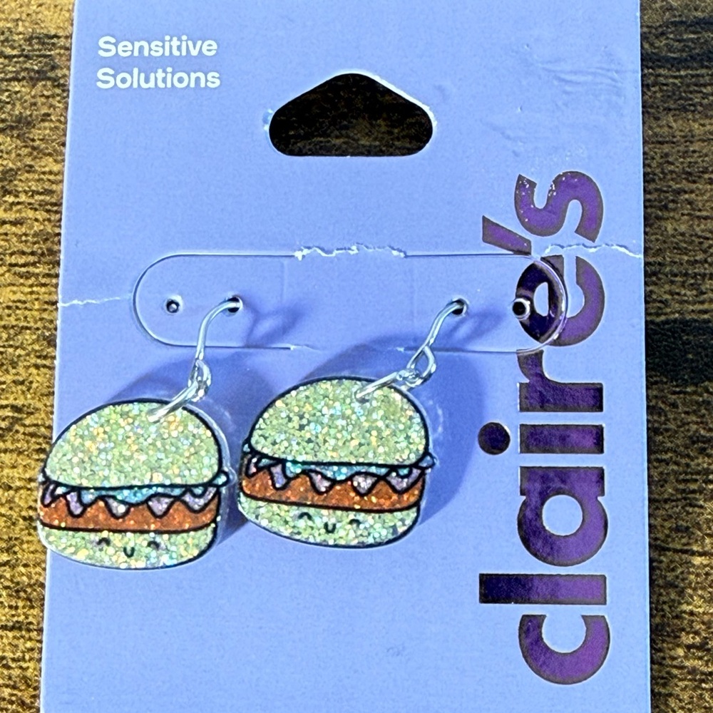 Claire's Glitter Hamburger Dangle Earrings NWT